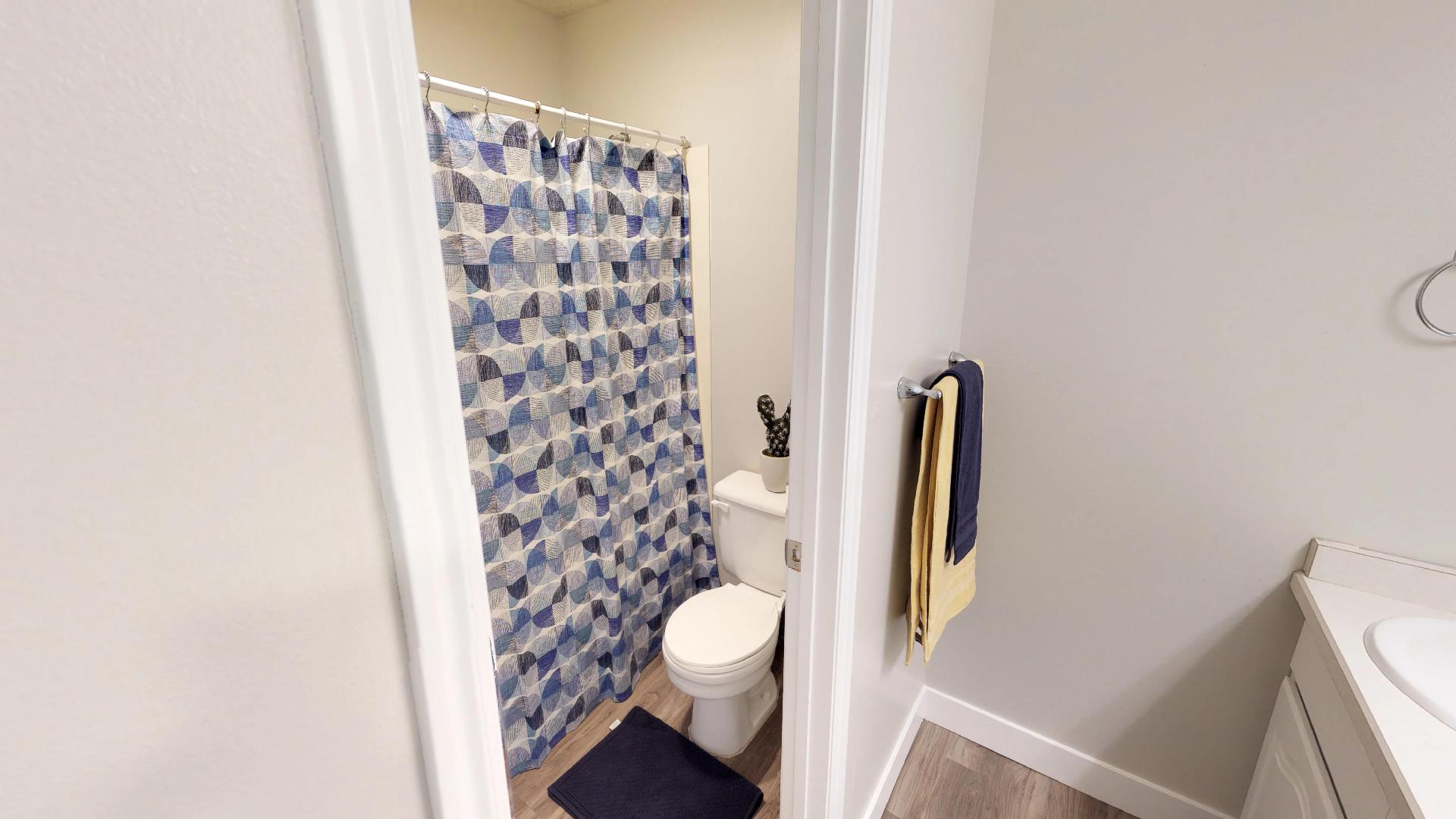 Full bathroom with vanity, a shower with shower curtain, and light wood-type flooring