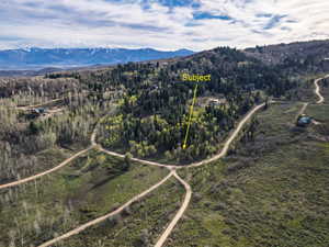 Aerial view of property's location featuring a heavily wooded area and property boundaries highlighted
