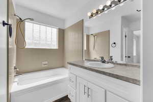 Master bathroom featuring vanity and bathtub / shower combination