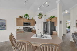 Kitchen with dark carpet, vaulted ceiling, stainless steel appliances, ornamental molding, and light countertops