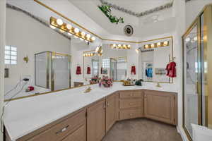 Bathroom featuring a stall shower, double vanity, carpet, and a high ceiling