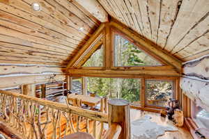 Living area featuring wood ceiling, wood-type flooring, and log walls