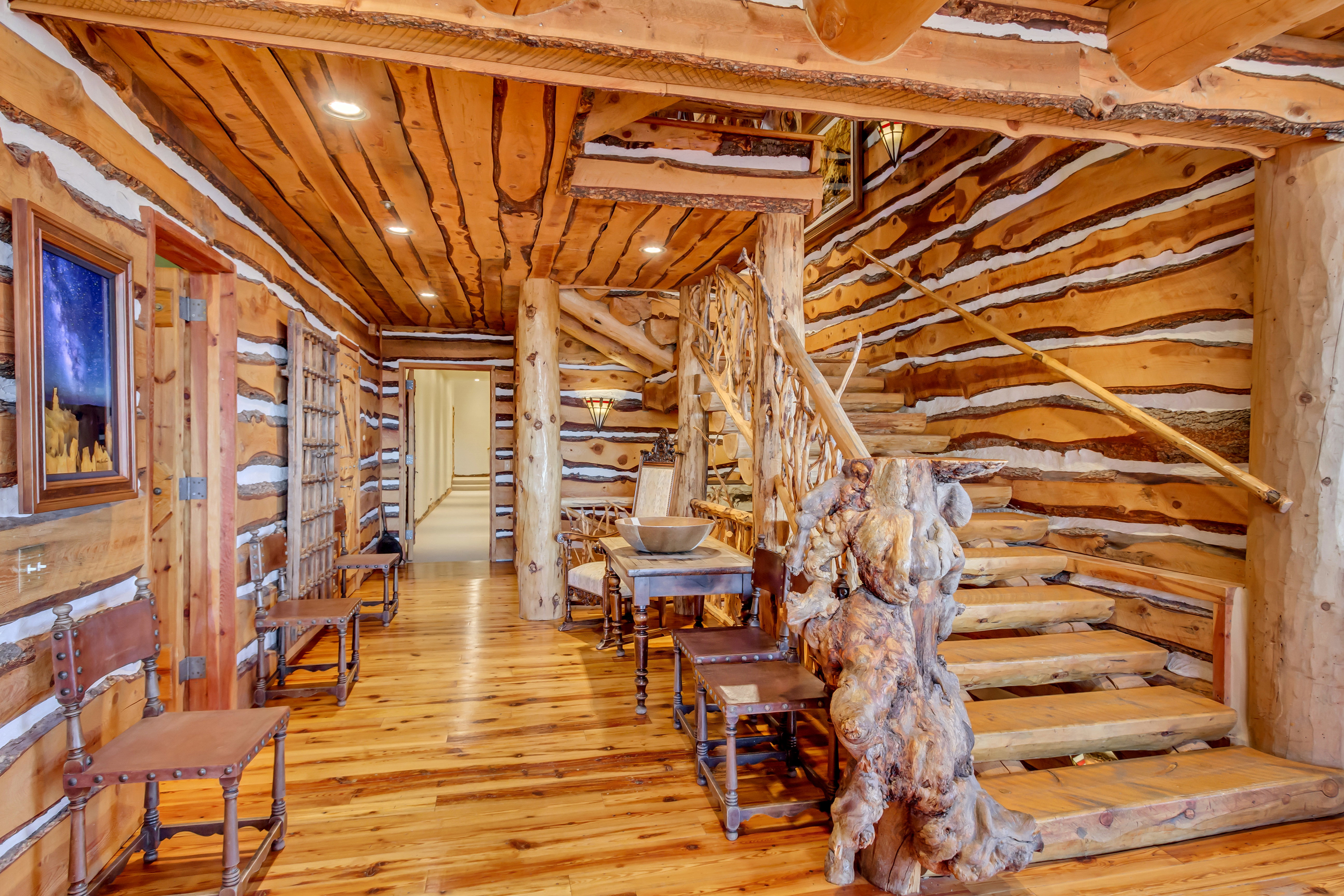 Below grade area featuring hardwood / wood-style floors, recessed lighting, and wood ceiling