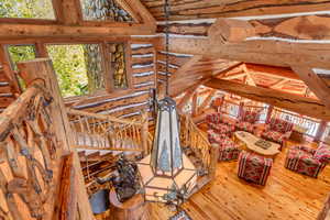 Detailed view of wood finished floors and log walls