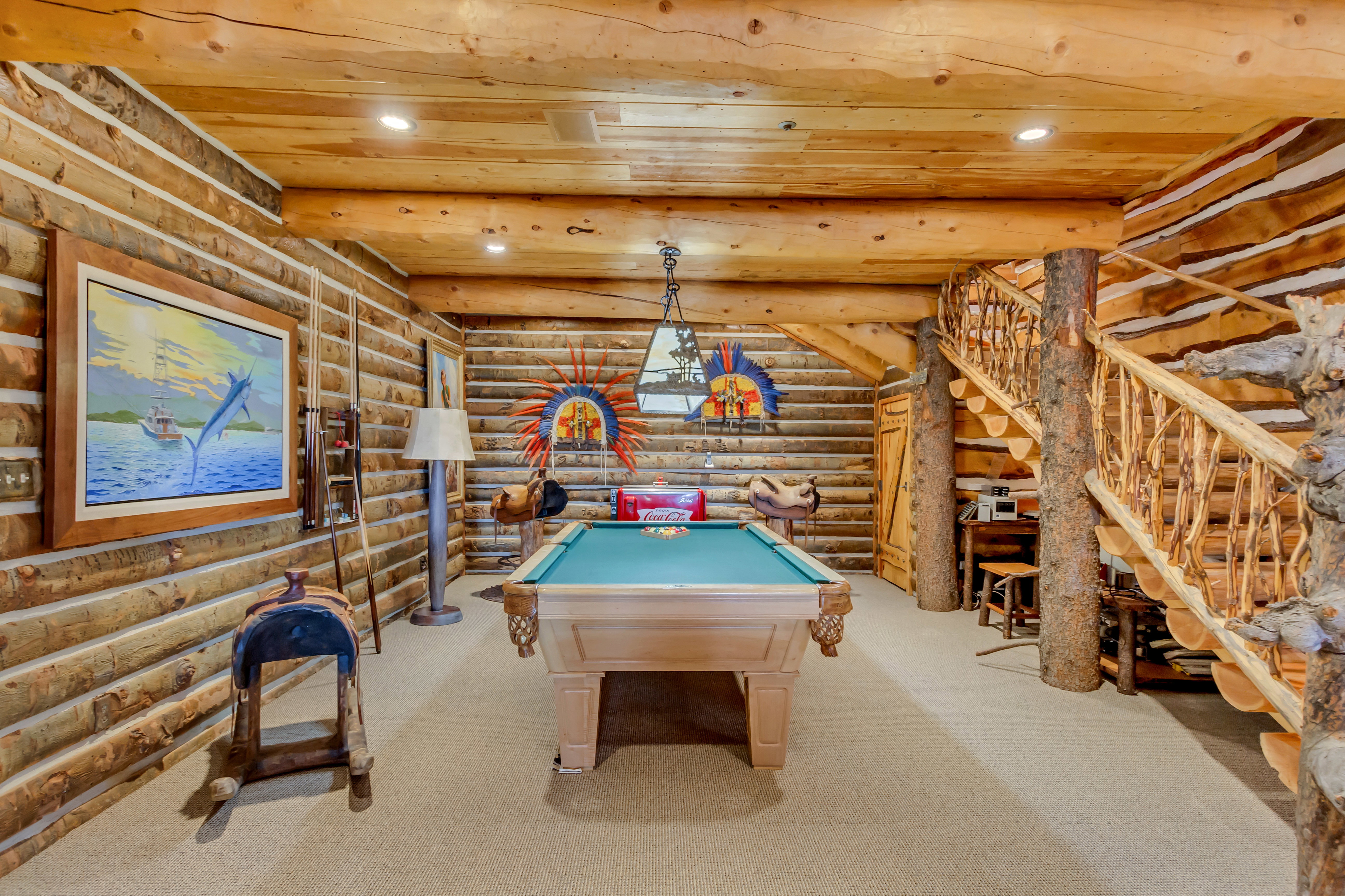 Rec room with rustic walls, light carpet, billiards table, and recessed lighting