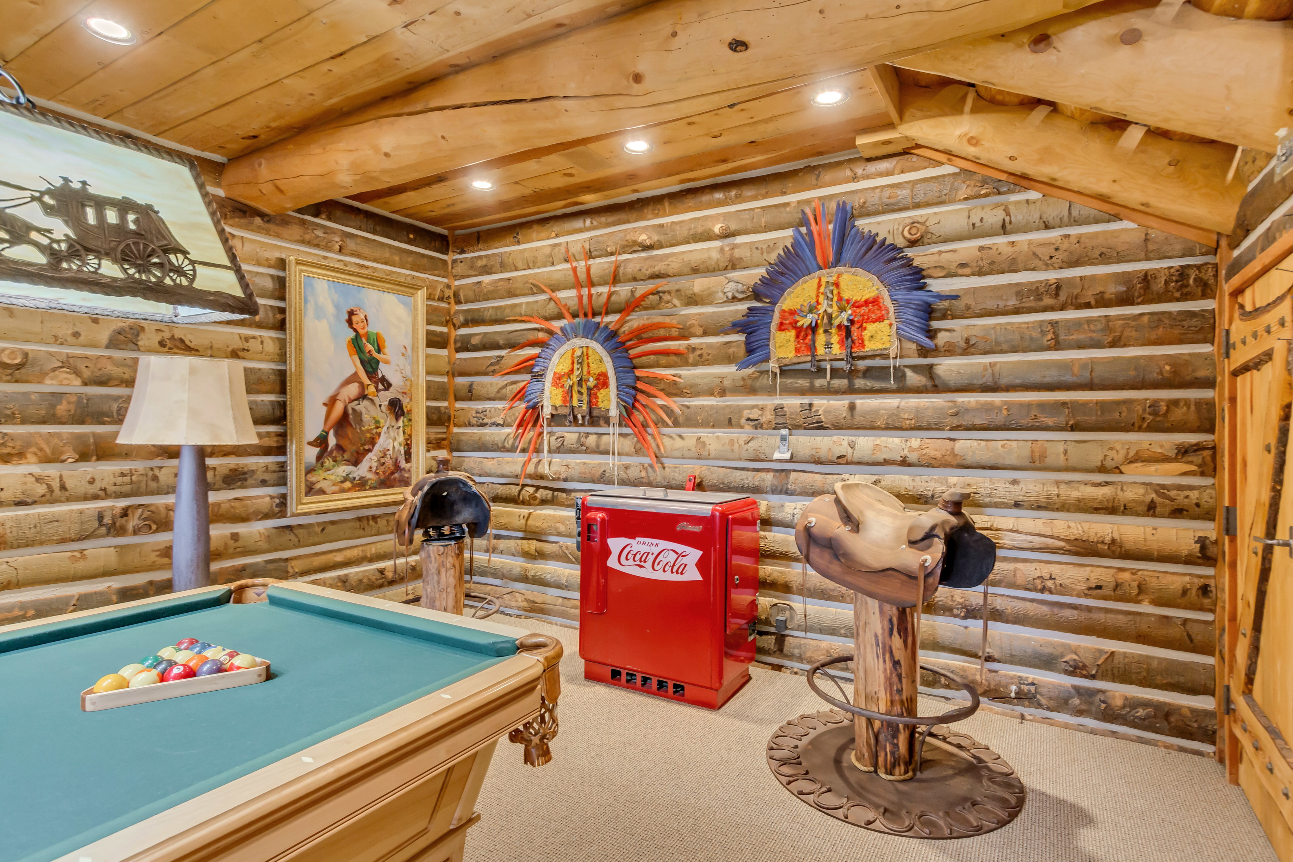 Game room with rustic walls, recessed lighting, billiards, light carpet, and wooden ceiling
