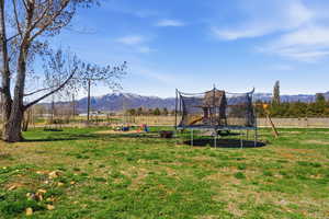 View of grassy yard with a trampoline, a playground, a mountain view, and a view of rural / pastoral area