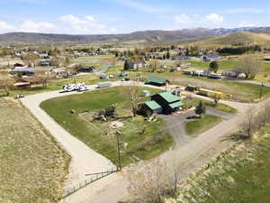 Bird's eye view of a mountainous background