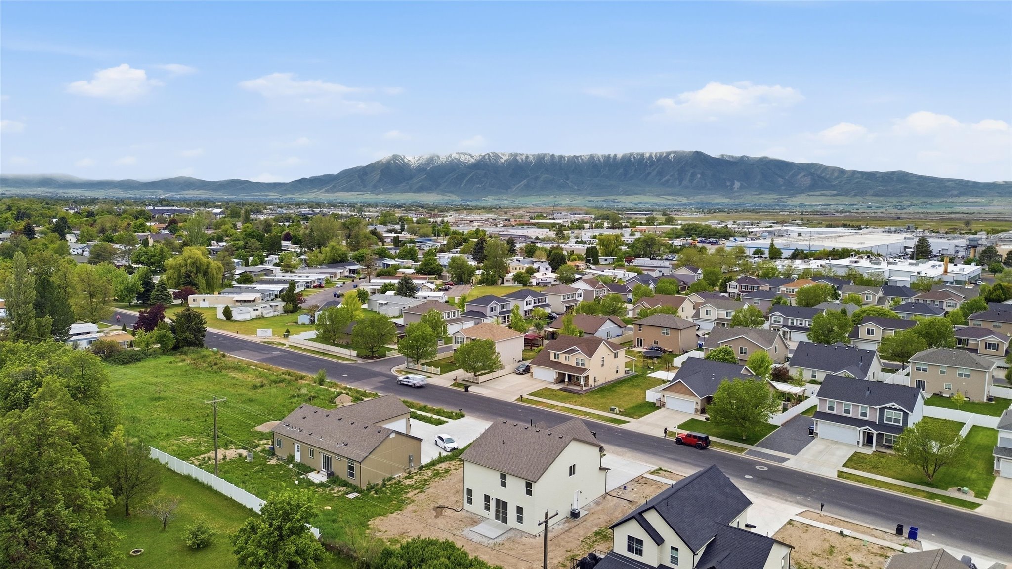 Expansive residential area featuring a variety of single-family homes, mature trees, and paved streets