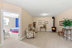 Living area featuring a wood stove and light colored carpet