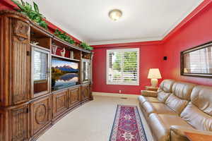 Living room featuring light colored carpet and baseboards