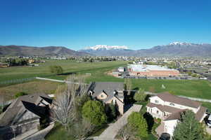 Aerial view of residential area with a mountainous background