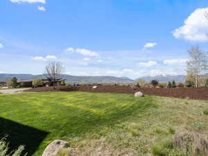 View of grassy yard featuring a mountain view