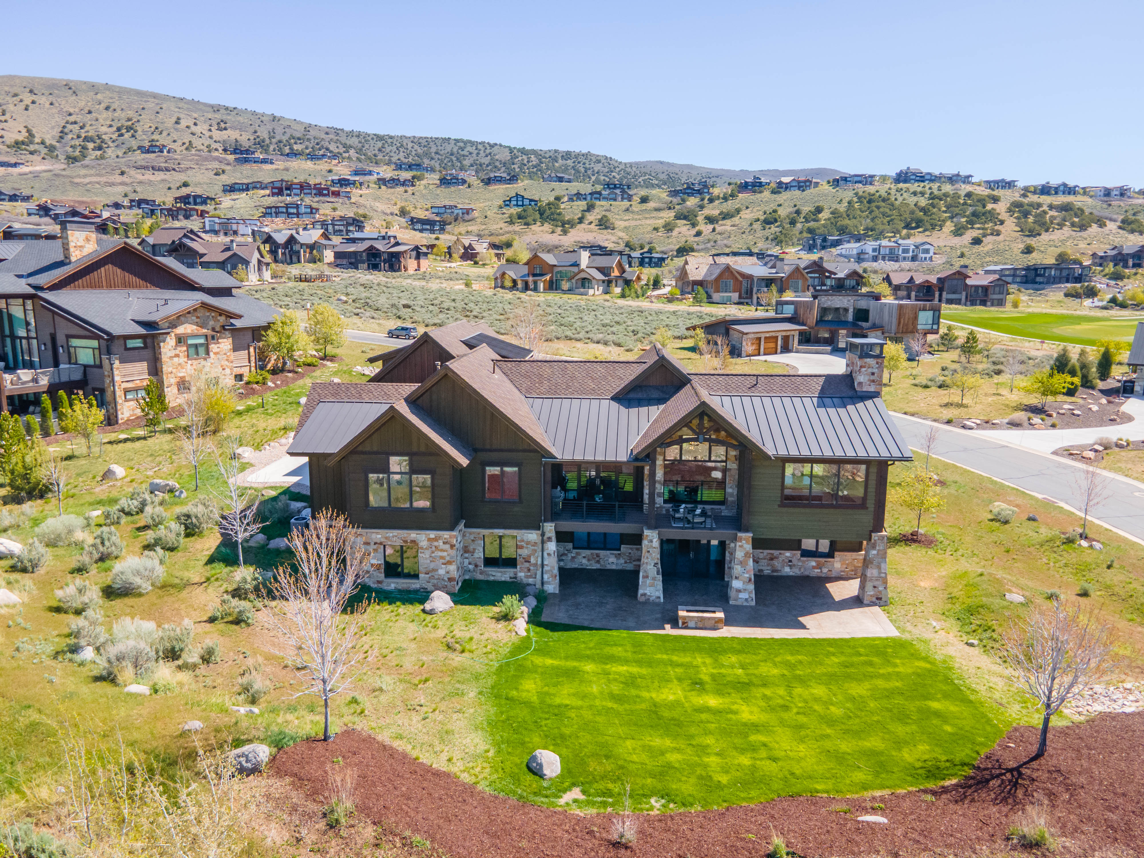 Aerial perspective of suburban area featuring mountains
