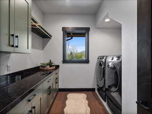 Laundry area with dark wood-style flooring, washer and clothes dryer, cabinet space, and recessed lighting