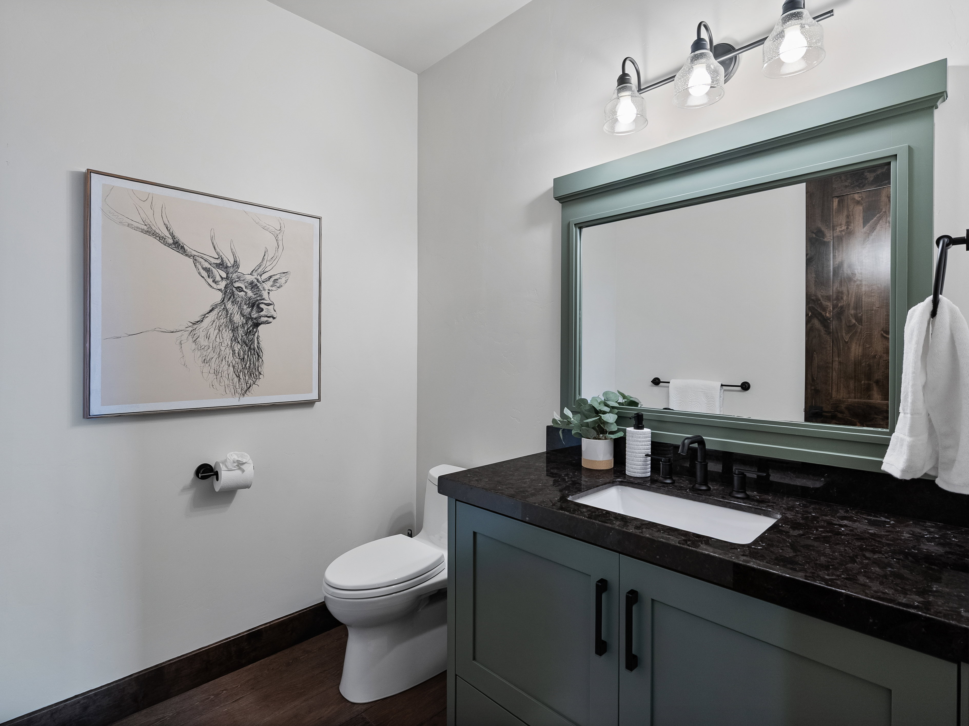 Half bathroom with vanity and dark wood finished floors