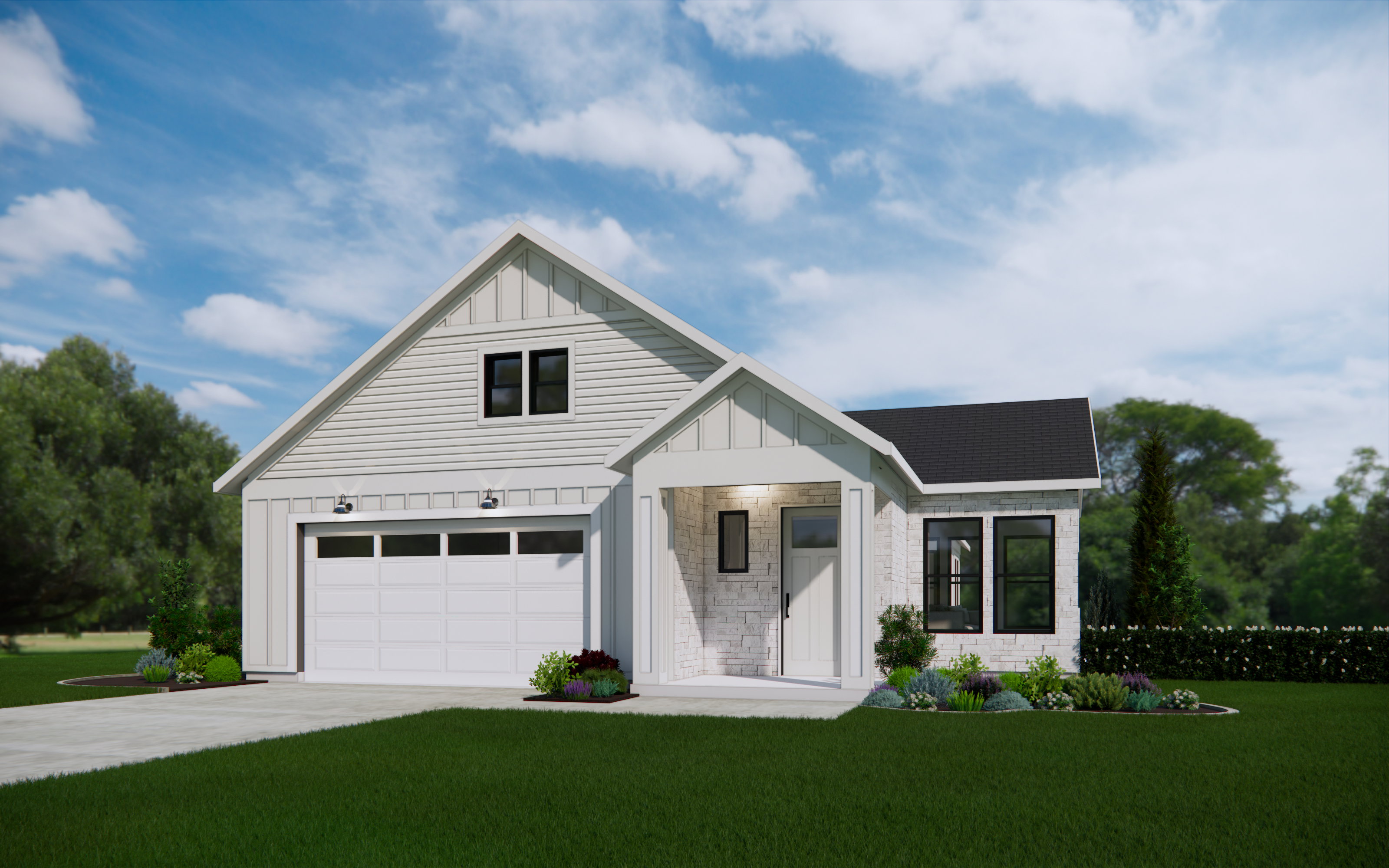 Modern inspired farmhouse featuring board and batten siding, stone siding, a front yard, and concrete driveway