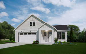 Modern inspired farmhouse featuring board and batten siding, stone siding, a front yard, and concrete driveway