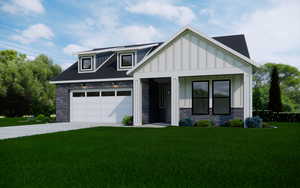 View of front of home featuring stone siding, a front yard, driveway, and board and batten siding