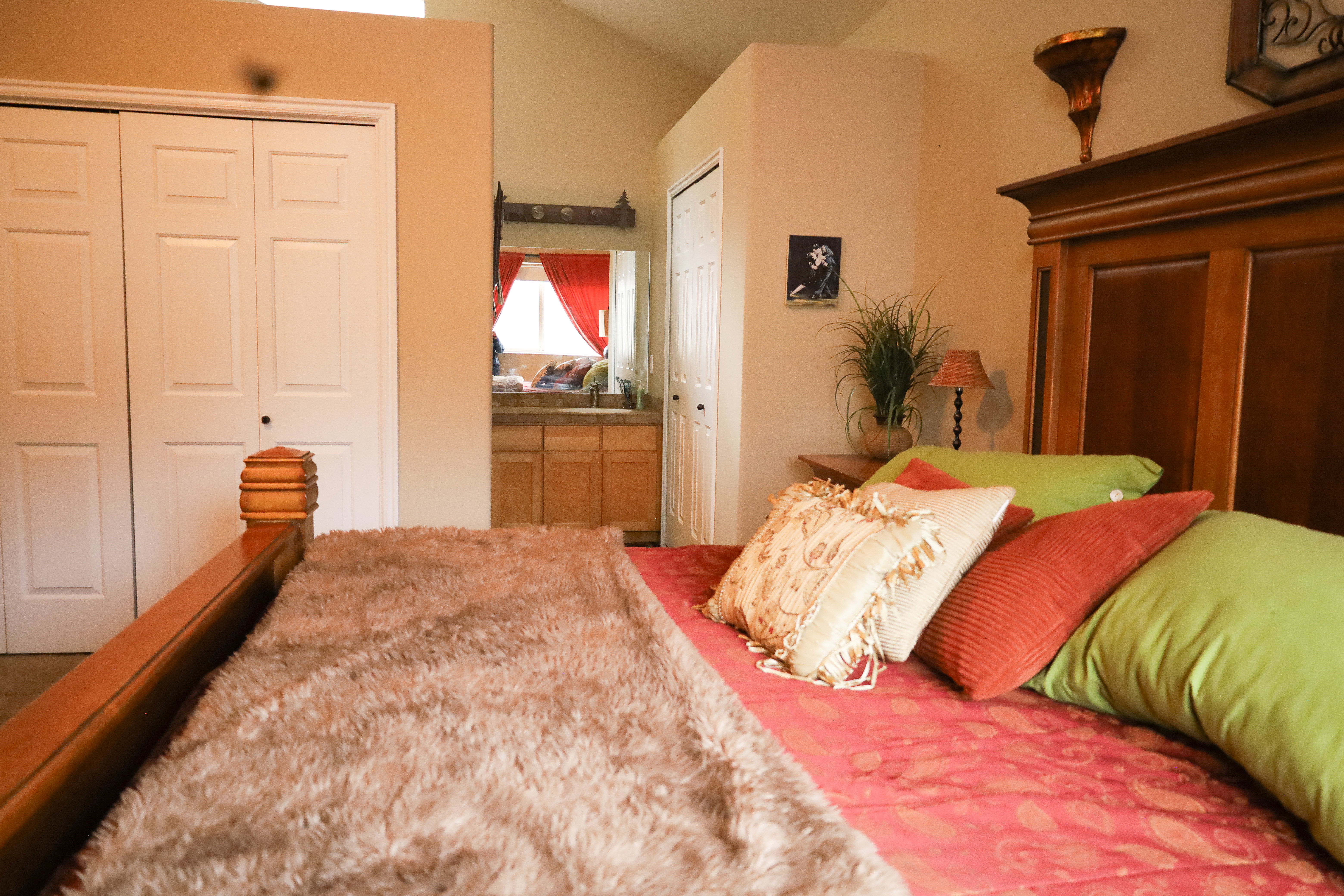 Bedroom with lofted ceiling and two closets