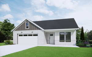 Modern inspired farmhouse with board and batten siding, a front yard, driveway, stone siding, and a garage