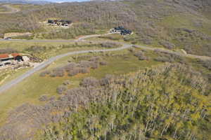 Aerial view of property's location with a heavily wooded area