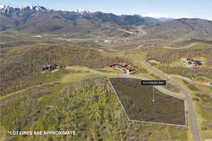 Aerial view of property's location with property boundaries highlighted and a mountainous background