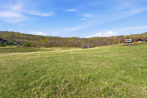 View of green lawn with a view of countryside and a view of trees