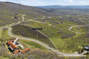 Aerial overview of property's location with property parcel outlined and a mountain backdrop