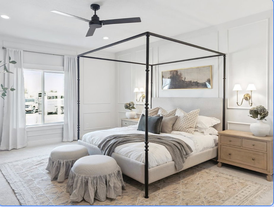 Bedroom featuring carpet floors, a ceiling fan, and recessed lighting