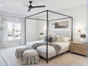 Bedroom featuring carpet floors, a ceiling fan, and recessed lighting