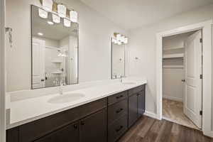 Full bathroom with double vanity, a shower stall, dark wood-type flooring, and a spacious closet
