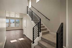 Stairs featuring wood finished floors and a high ceiling
