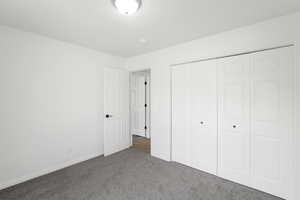 Unfurnished bedroom featuring carpet floors and a closet