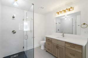 Full bath featuring vanity and a shower stall