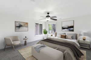Bedroom with carpet floors and ceiling fan