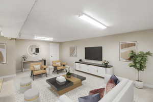 Living room with light carpet and baseboards