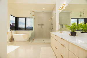 Full bath with plenty of natural light, a freestanding bath, double vanity, a stall shower, and recessed lighting