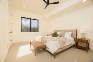 Bedroom featuring light colored carpet, recessed lighting, and a ceiling fan