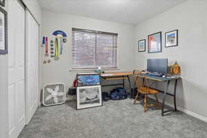 Office area featuring carpet floors and a textured ceiling