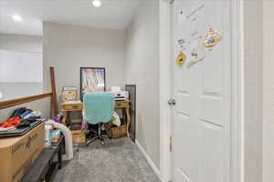 Office with a textured wall, carpet flooring, and recessed lighting