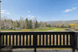 Wooden terrace featuring a mountain view