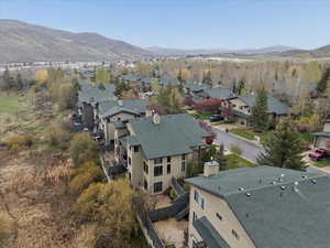 Aerial view of residential area with a mountainous background