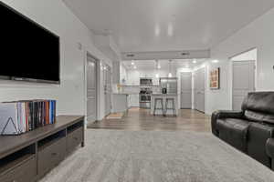 Living room featuring light colored carpet