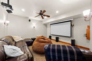 Home theater room with a ceiling fan and recessed lighting