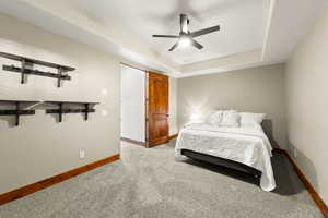 Bedroom featuring carpet flooring, a raised ceiling, and a ceiling fan