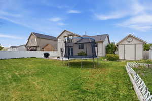 Back of property with a storage unit, a fenced backyard, and a trampoline