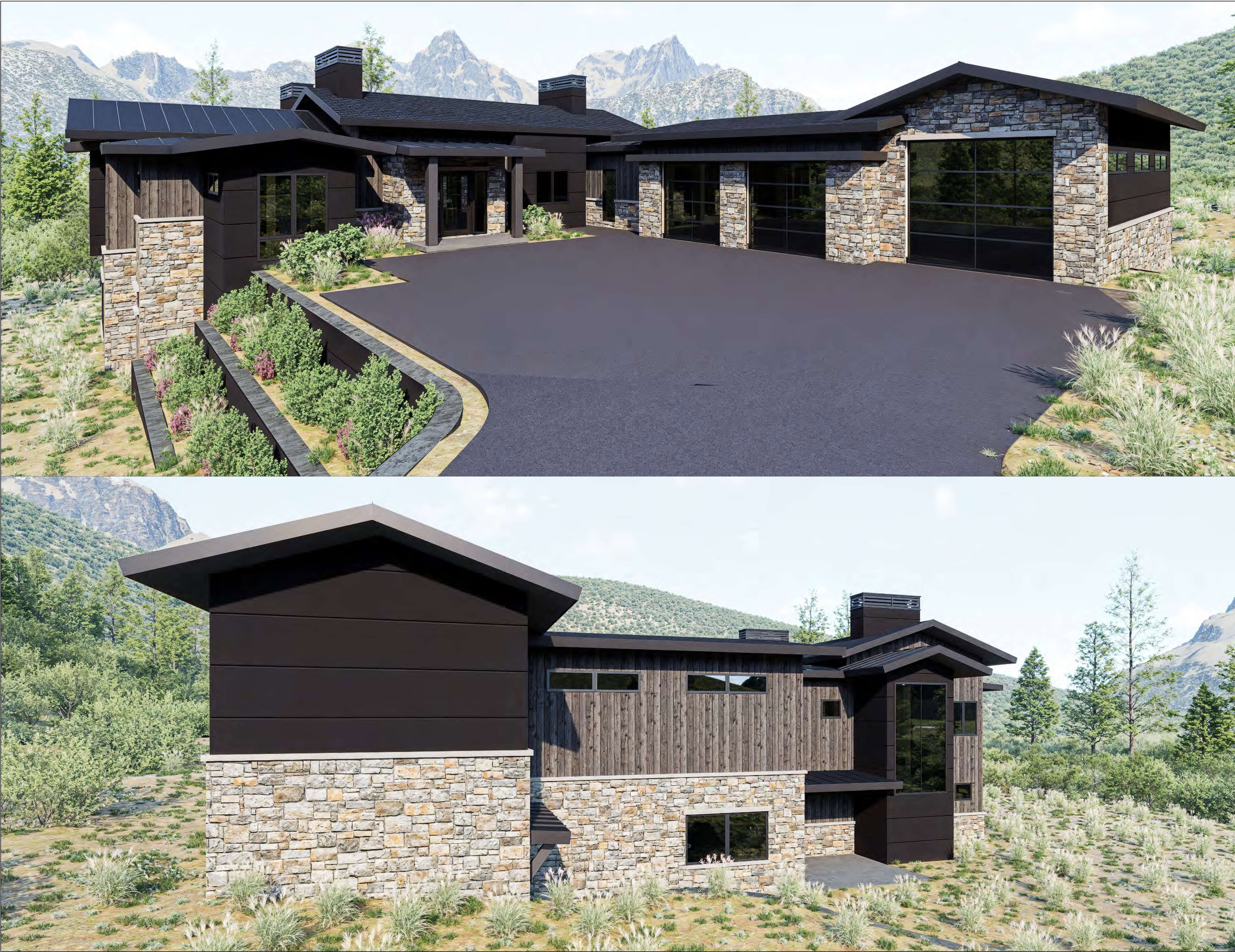 View of front facade with a mountain view, stone siding, a chimney, and an attached garage