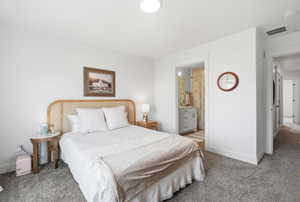 Bedroom featuring carpet flooring and ensuite bathroom
