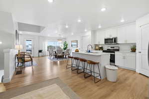 Kitchen featuring light wood-style floors, stainless steel appliances, an island with sink, and white cabinets